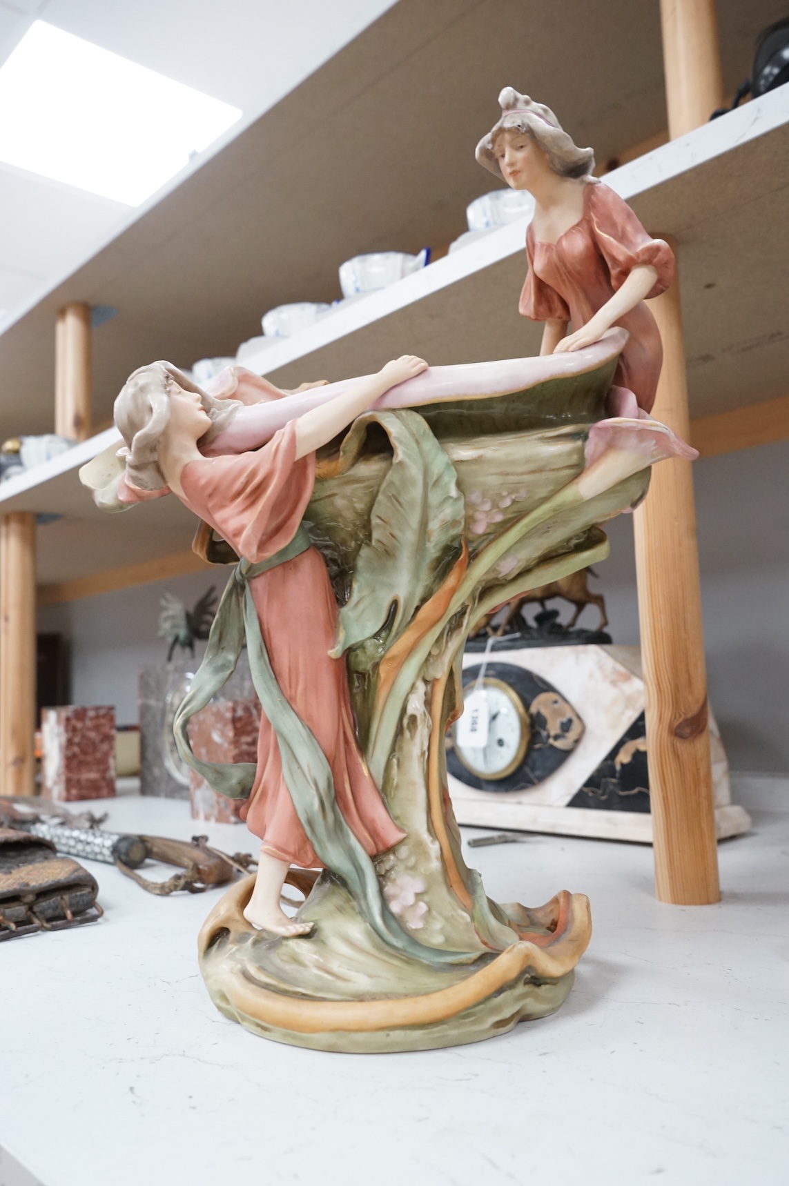 A Royal Dux Art Nouveau figural centrepiece or tazza, 43cm high
